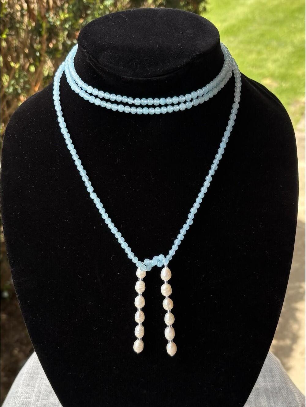 Blue Chalcedony Bead & Cultured Freshwater Pearl Lariat Necklace 50”
